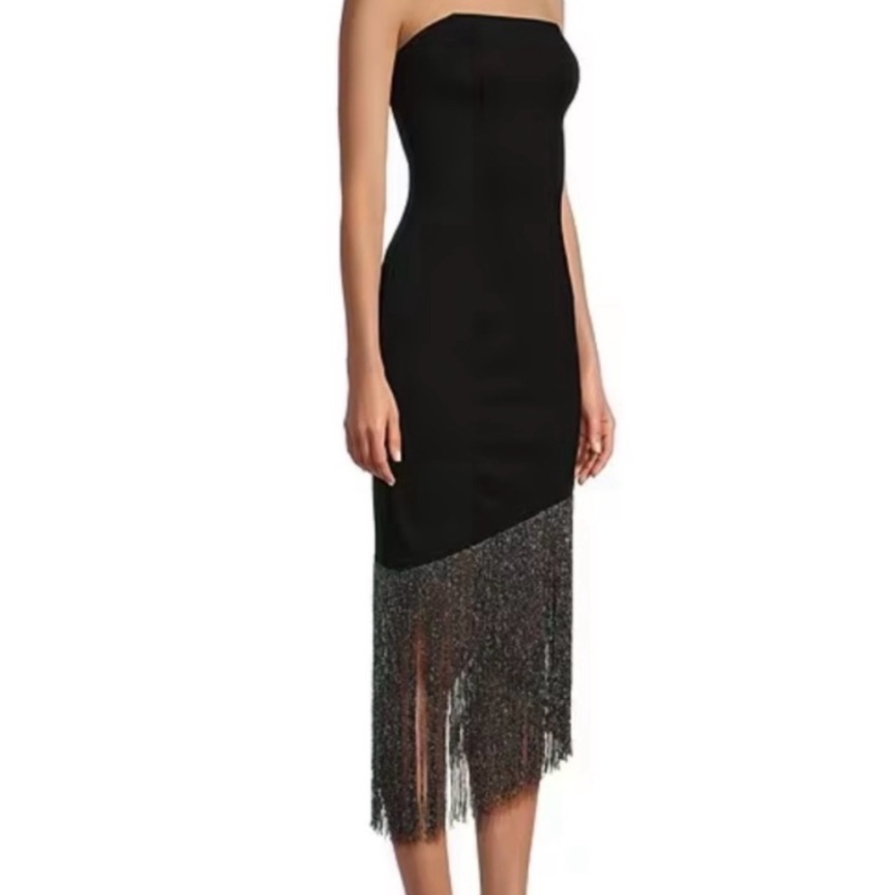 Elegant Black Strapless Dress with Fringe NWT S